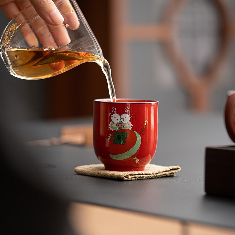 速发龙年礼品茶杯品茗杯套茶事兴龙陶瓷红色主人杯功夫装具高档礼
