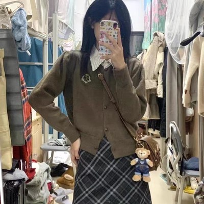 速发大码胖裙妹复古学院风假两件针k开衫j织毛衣格子包臀半身妹套