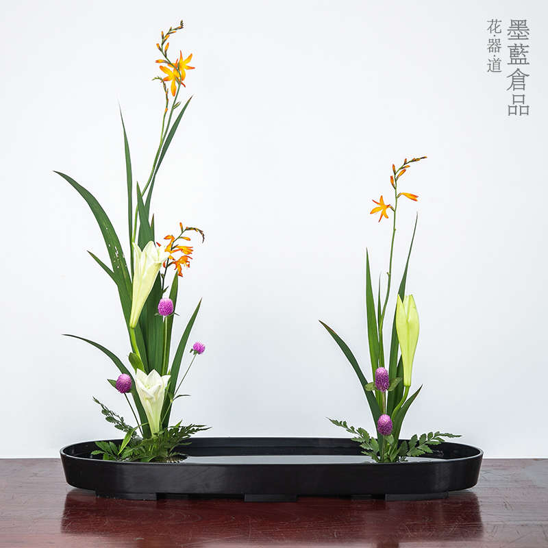 速发长椭圆塑料花器大号客厅桌面花盆花盘简约 中式日式插花器皿