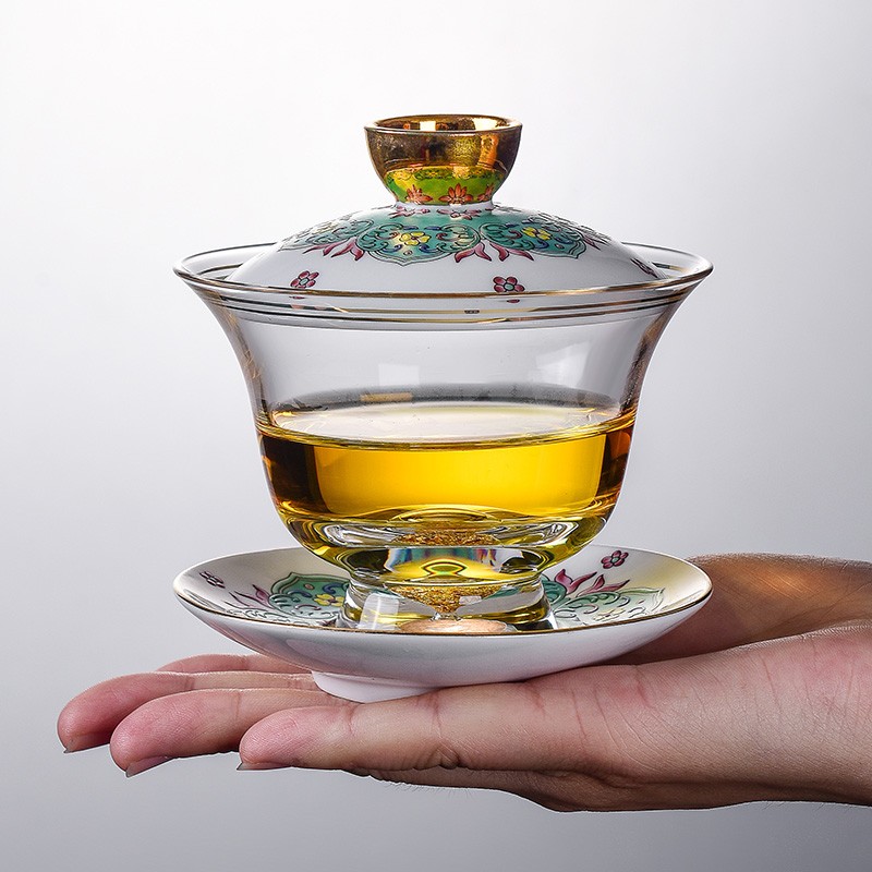 速发玻璃彩绘盖碗大号三才茶碗茶托泡茶杯 功夫茶具沏茶碗