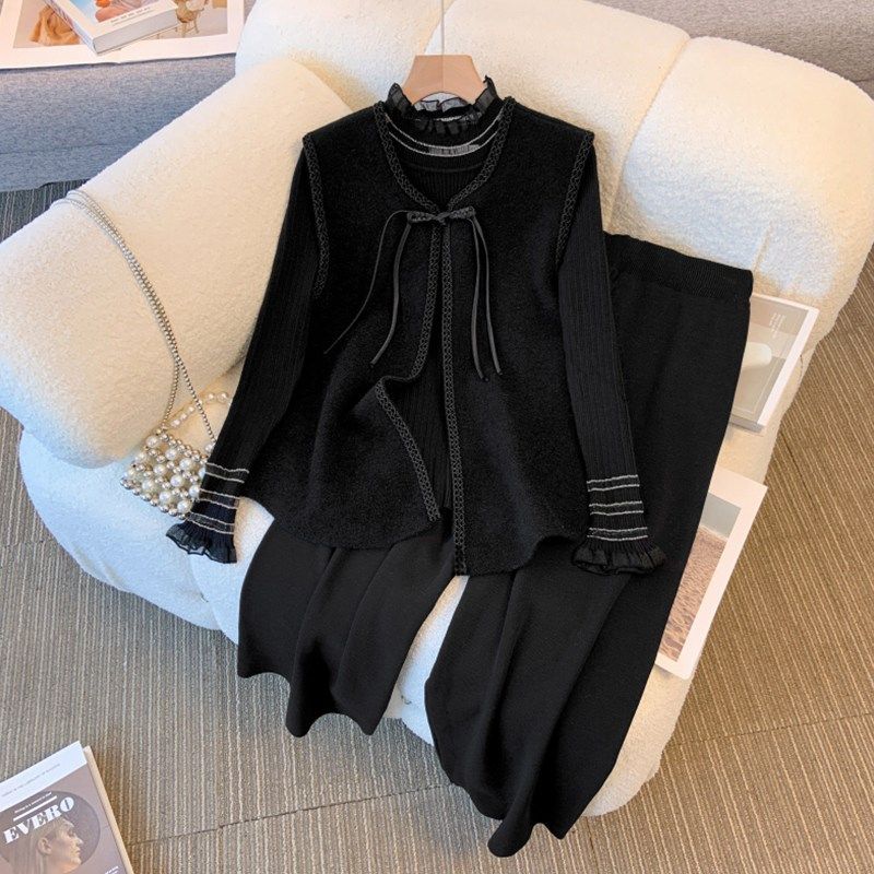 速发40岁妈妈年冬装针织马甲件底衫套装大码中秋减龄毛衣阔腿裤三