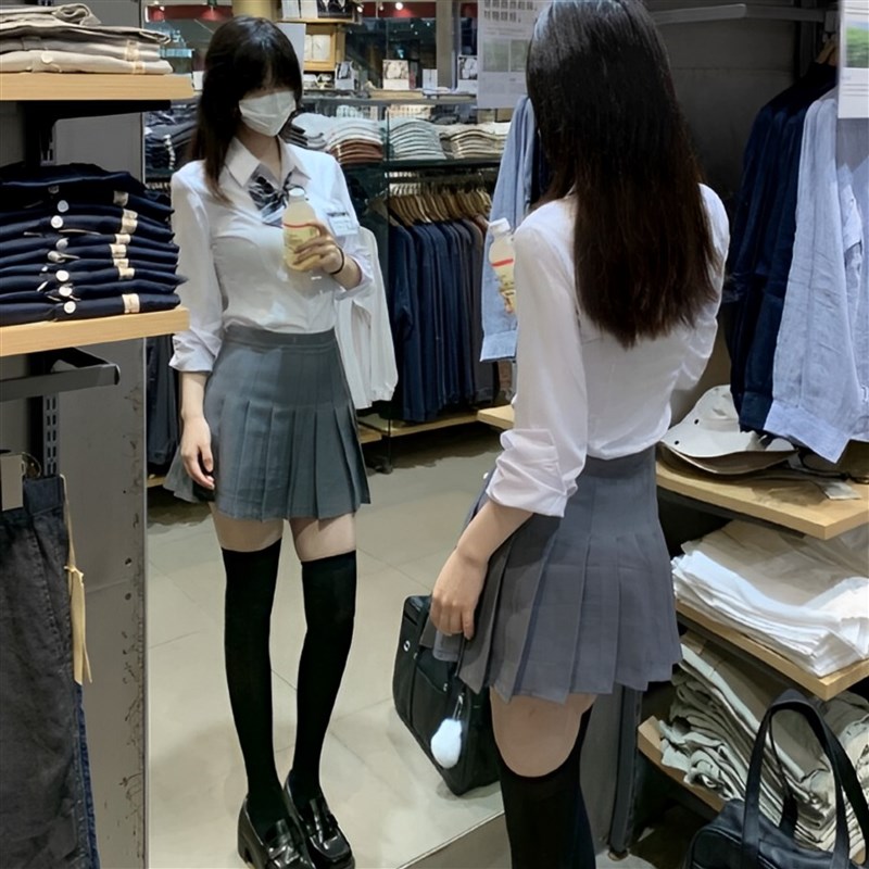 速发白k制服纯欲院腰j色学收风辣妹长袖上衣短裙套装