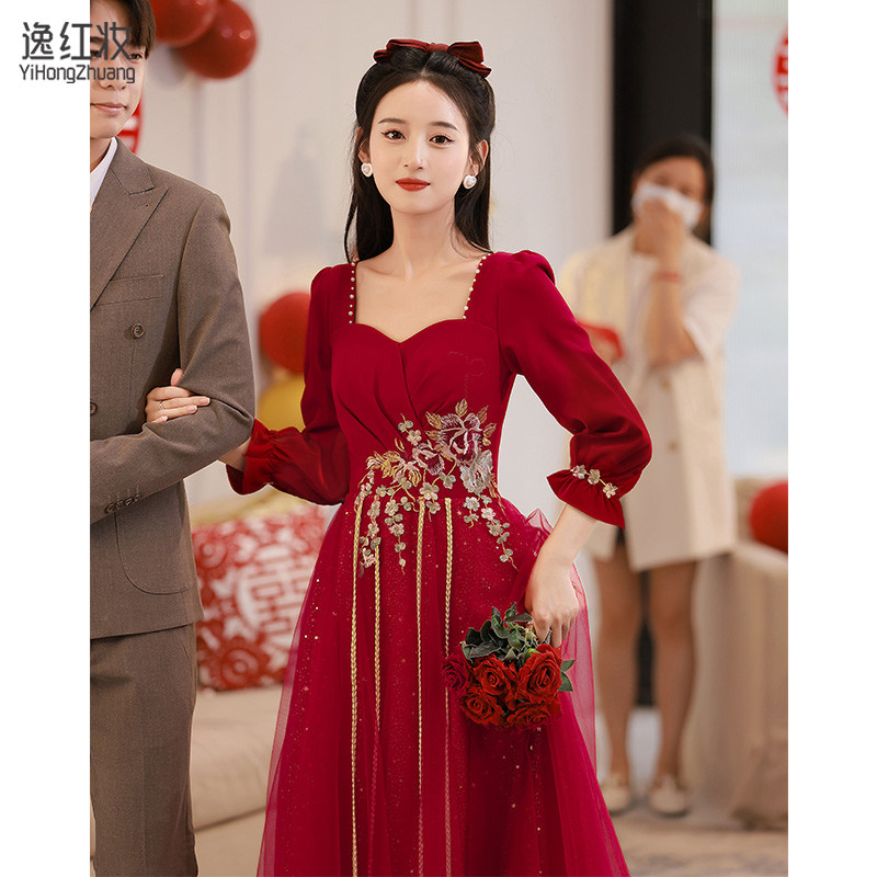 速发孕妇新娘酒红色敬酒服22婚2新款回门晚礼服宴会气质订0连衣裙