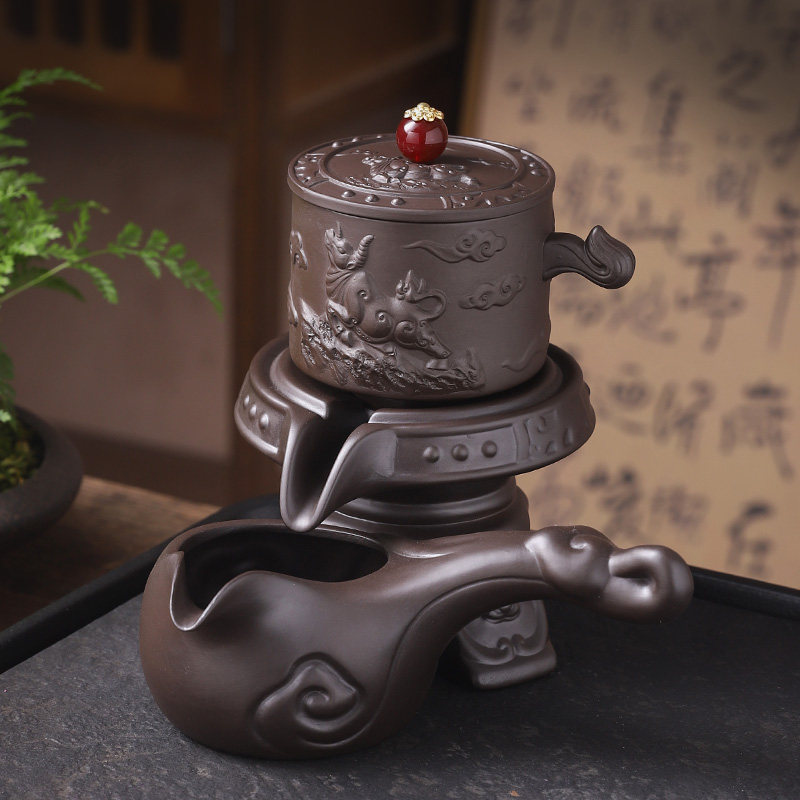 速发紫砂牛转乾坤石磨自动壶+公道杯 家用紫砂创意懒人自动茶具茶