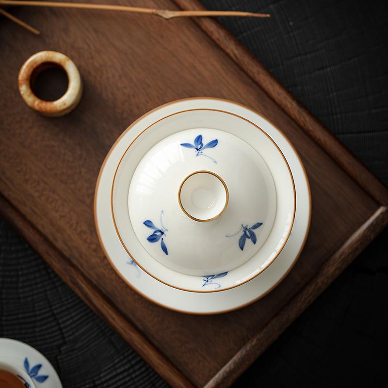 直销新款白瓷手绘兰花盖碗单个茶杯三才泡茶碗陶瓷不烫手功夫泡茶