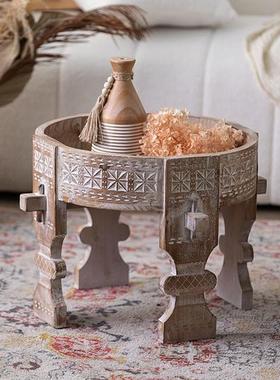 哥摩桌12633洛实几木雕花茶酒店民宿装饰组合茶美式做旧圆形边几