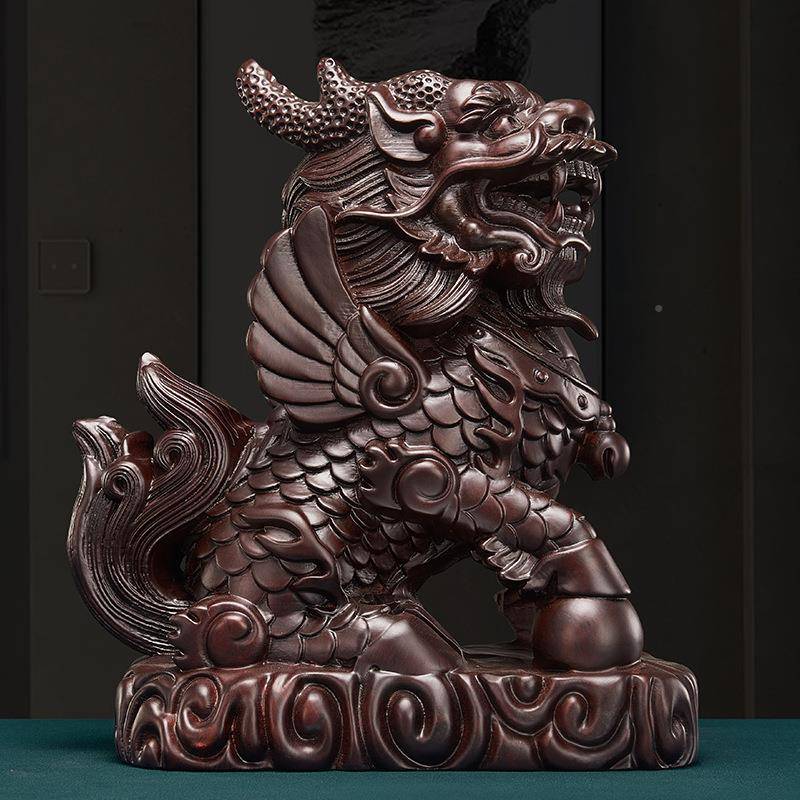 室黑檀实木雕刻瑞兽麒麟招件财摆一对口入户玄关办公桌面装饰PEC