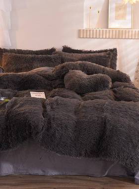 水貂绒套长毛四AL-65516件被套双面绒纯色加床厚单三件套冬季