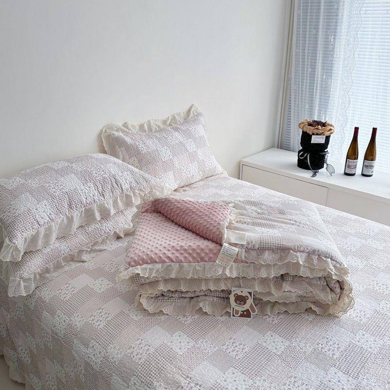 砂法式纯棉床盖三件套豆被四件套2025四季通用棉花洗豆OVV夹棉绗