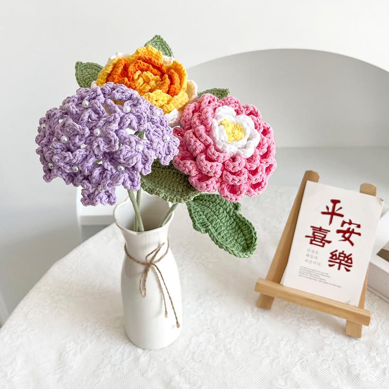 直销新款毛线荷花莲蓬成品手工编织仿真花针织玫瑰永生花束节日礼