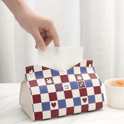 直销新款新款棋盘格纸巾盒 家用客厅创意抽纸盒 轻奢皮质高颜值纸