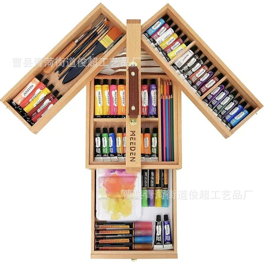 跨境木制手提箱艺术生户外工作箱美术生画笔工具收纳整理箱