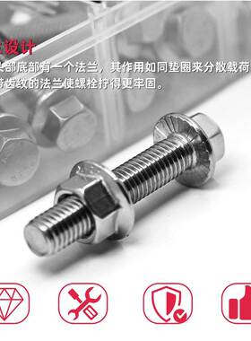 SJN245pcs304不锈钢法兰六角螺带法兰螺M母6—M10盒装栓套件