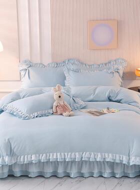 F76699TT舍BX床62三公主风花边单被套四件套全棉纯棉纯蓝色床裙宿