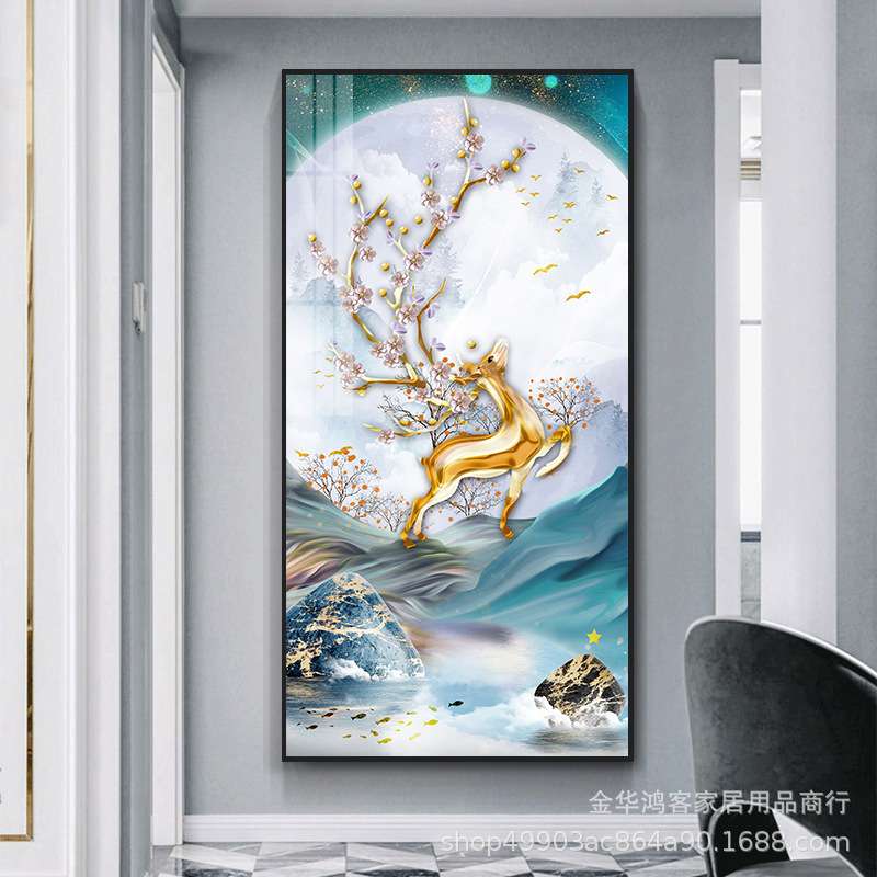 轻奢晶瓷镶钻玄关装饰画福麋鹿北欧简约餐厅画墙面画现代饭厅挂画图片