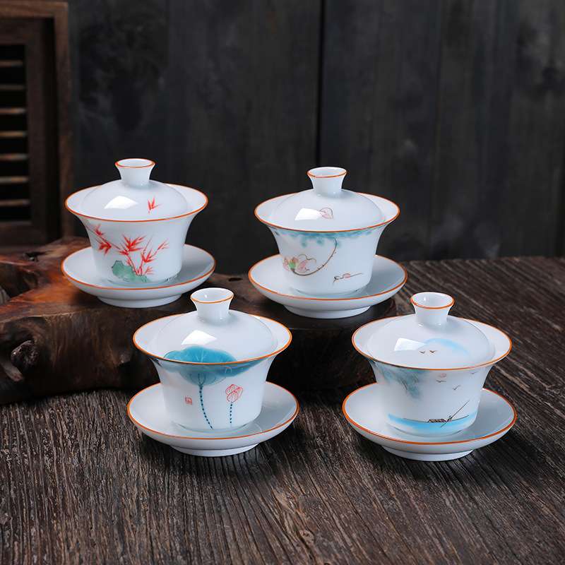 仿古手绘三才盖碗茶杯大号白瓷器泡茶盏杯泡茶碗工具家用会客厅