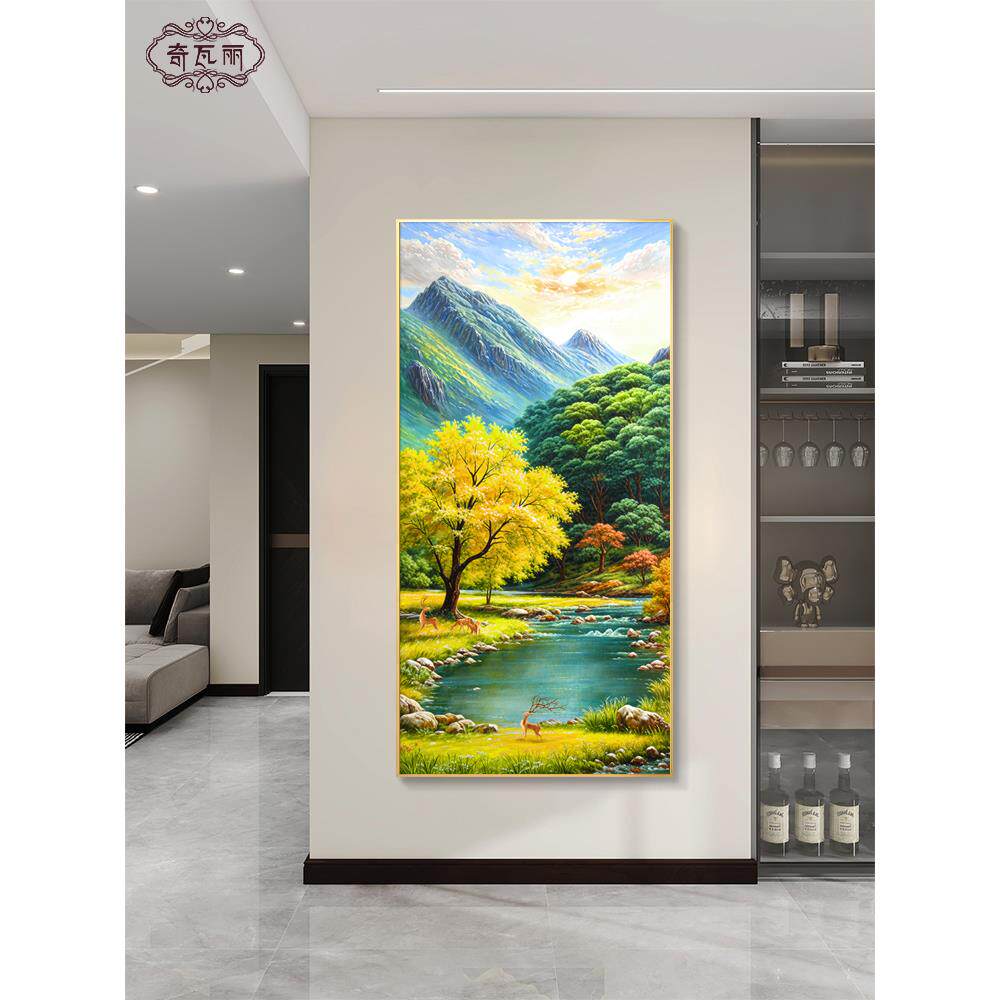 大芬村油画玄关装饰画流水生财山水风景手绘挂画走廊过道壁画竖版