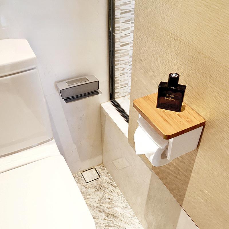 免打孔纸巾架卫生间楠竹带扶手收纳纸巾盒双卷纸器置物架厕所薇妍