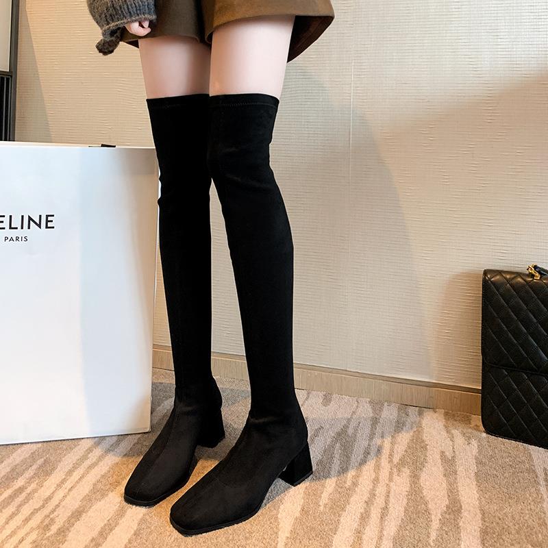 2023秋冬新款方头粗跟弹力显瘦过膝靴女瘦瘦靴大码套筒长靴大腿靴