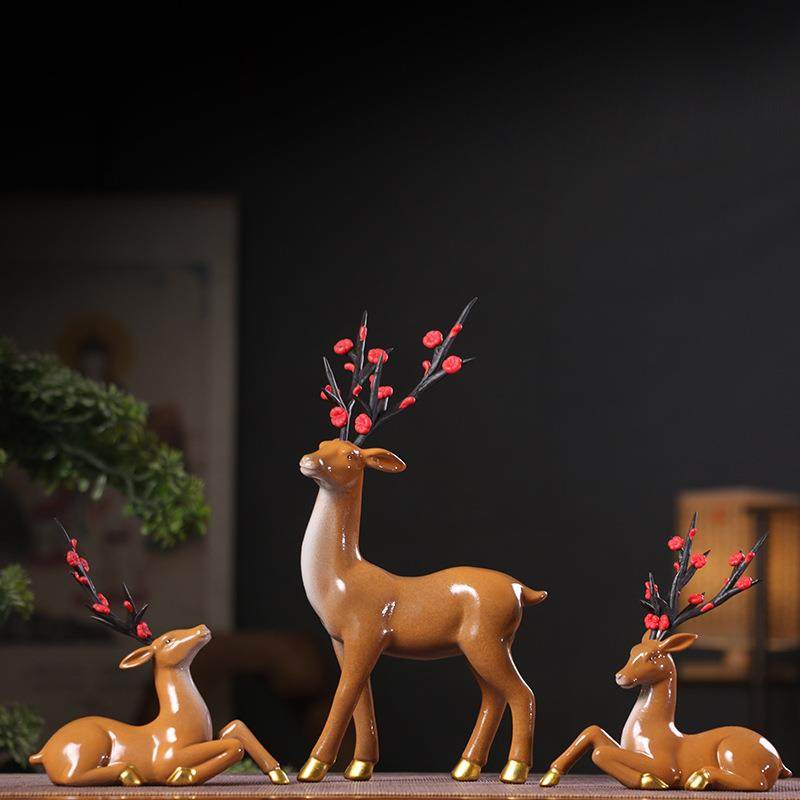 新中式招财小鹿客厅电视柜摆件家居饰品玄关博古架装饰陶瓷工艺品