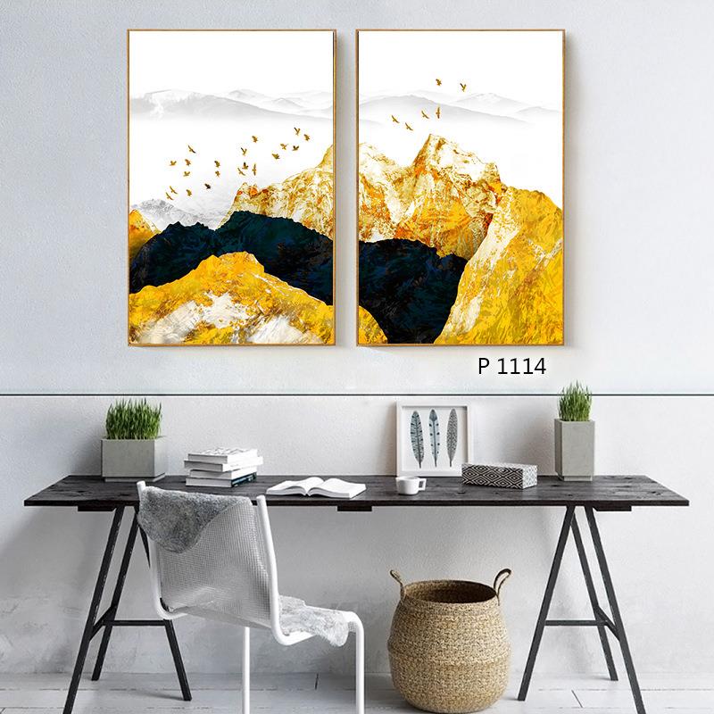 新中式现代简约风景画加框两联画抽象挂画热销帆布画金色山峰