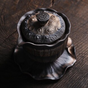 速发三才盖碗粗茶鎏金陶瓷茶具复古茶壶老壶泥手抓岩泡陶器泡茶碗