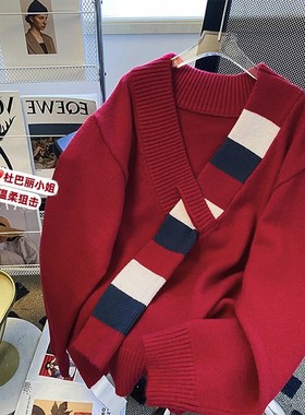 速发202春秋新款欧货设计感针慵红色毛衣宽松众懒风V领小织上衣潮
