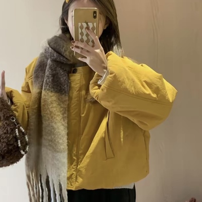 小个子短款棉服外套女时尚简约面包服棉衣潮圆领棉服拼色2025秋冬