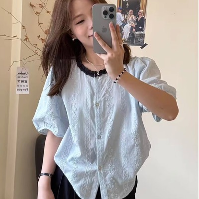 韩版宽松显瘦圆领刺绣短袖衬衫女2025夏季新款洋气减龄小个子上衣