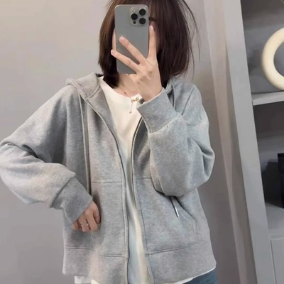 卫衣外套女小个子灰色拉链开衫2025新款春秋宽松显瘦长袖上衣