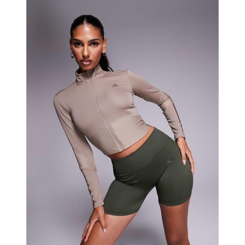 Adidas 女士 夹克 Hyperglam 训练罗纹拉链棕色夹克(chalky)