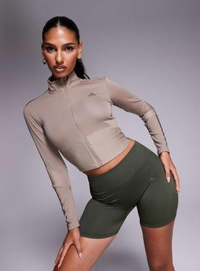 Adidas 女士 夹克 Hyperglam 训练罗纹拉链棕色夹克(chalky)