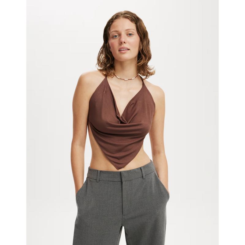 Cotton:on 女士 上衣 jordie 棉质紧身大樽领挂脖棕色上衣