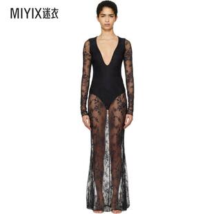 Fine Lace 迷衣时尚 女士黑色 连衣裙 Ultra Long SKIMS Plunge