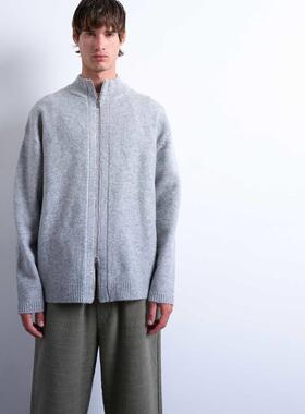 Topman 男士 开衫 双拉链漏斗领针织开衫(灰色)