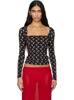 Marine Serre 女士 T恤 黑色 Moon Printed Square Neck