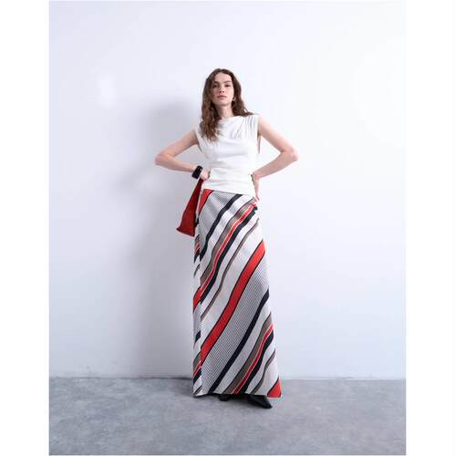 Topshop 女士 超长裙 flood length bias 长款红色白色条纹半身裙