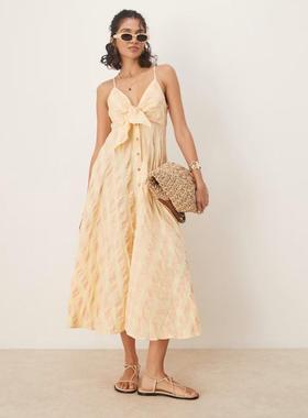 Free People 女士 中长连衣裙 via 方格棉布背心黄色中长连衣裙