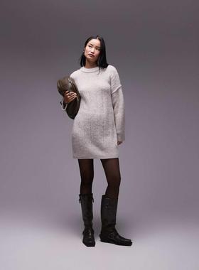 Topshop 女士 连衣裙 针织毛茸茸罗纹宽松款水手领套头衫(oat)