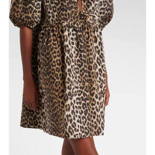 Ganni 甘尼 女士 短款连衣裙 豹纹棉质迷你连衣裙