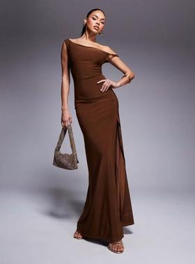 ASOS DESIGN 女士 中长连衣裙 设计扭纹肩后绑带古铜色长款连衣裙