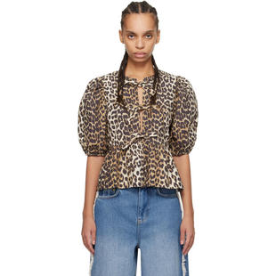 棕色 Cotton 上装 女士 Tie 上衣 Peplum Ganni Poplin