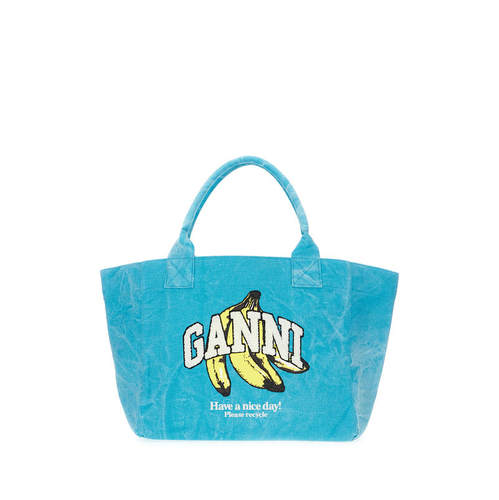 Ganni 甘尼 女士 FW26 单肩包 蓝绿色帆布购物包