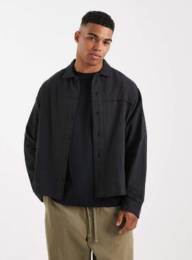 ASOS DESIGN 男士 衬衫 设计宽松款织纹衬衫(黑色)