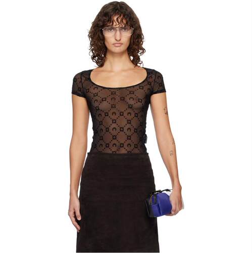 Marine Serre 女士 T恤 黑色 Recycled Mesh Flock Open Neck