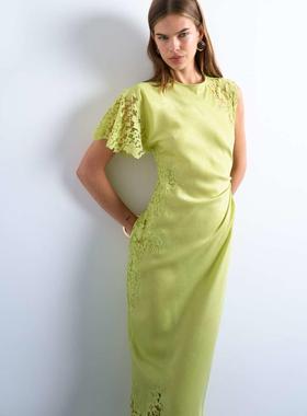 Topshop 女士 中长连衣裙 grown 蕾丝拼块肩黄绿色中长连衣裙