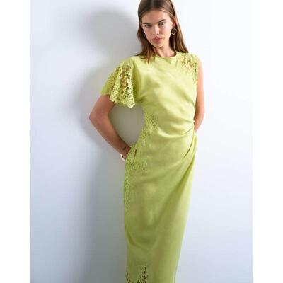 Topshop 女士 中长连衣裙 grown 蕾丝拼块肩黄绿色