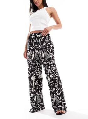 Vero Moda 女士 长裤 conversational 高腰阔腿打褶热情印花裤子