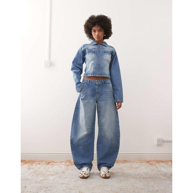 Collusion 女士 牛仔长裤 宽松款膨起水洗蓝色牛仔裤