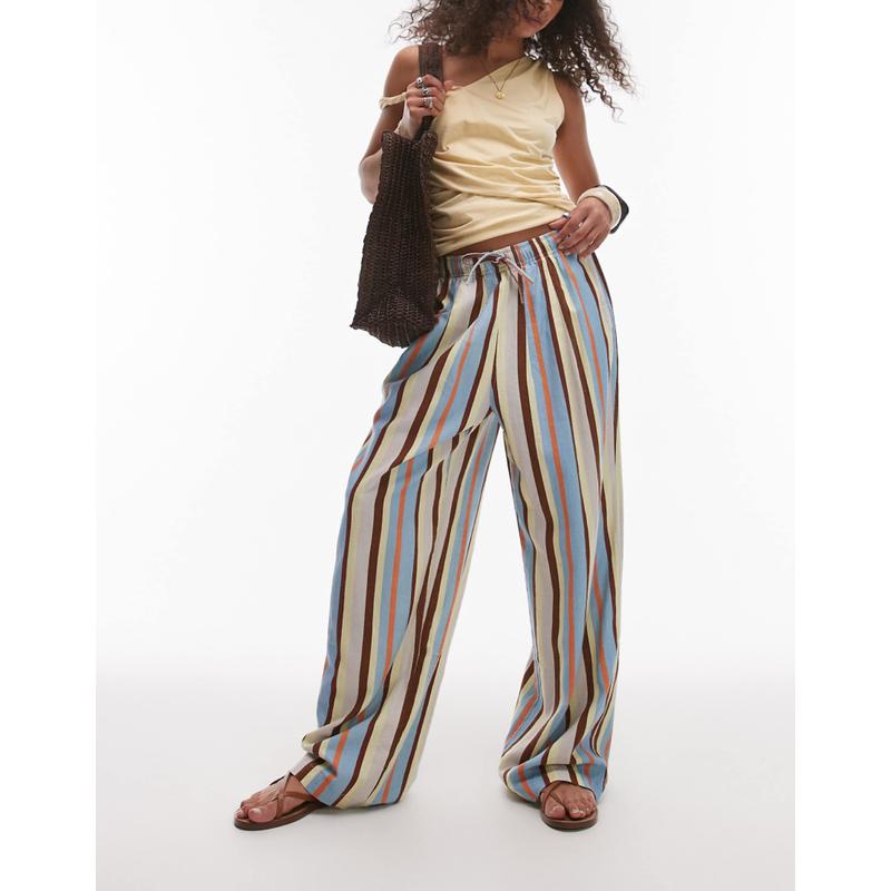 Topshop 女士 长裤 亚麻膨起多彩条纹裤子